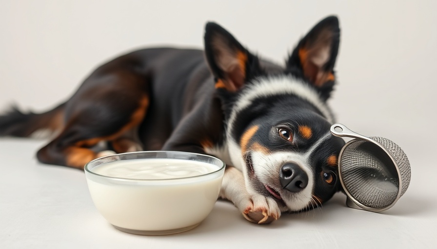 Black and white dog with kefir setup, playful scene for 'Kefir for Dogs'.