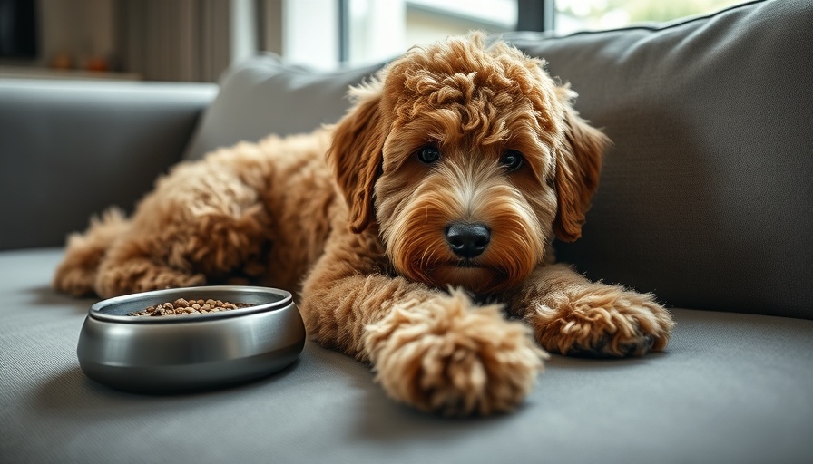 Goldendoodle beside a food bowl on a sofa in soft light.