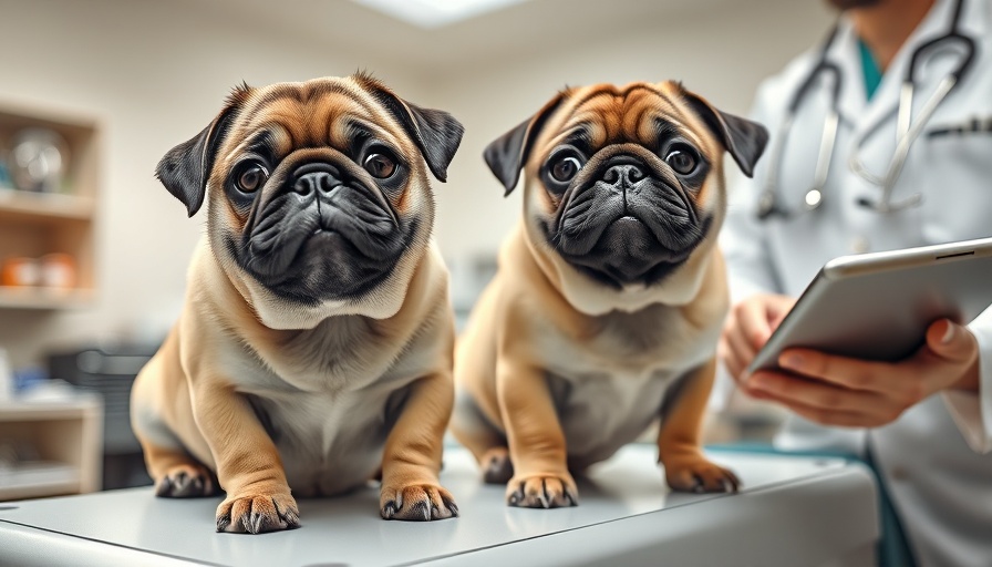 Pugs on vet table with vet holding a tablet, Figo vs Nationwide Pet Insurance topic.
