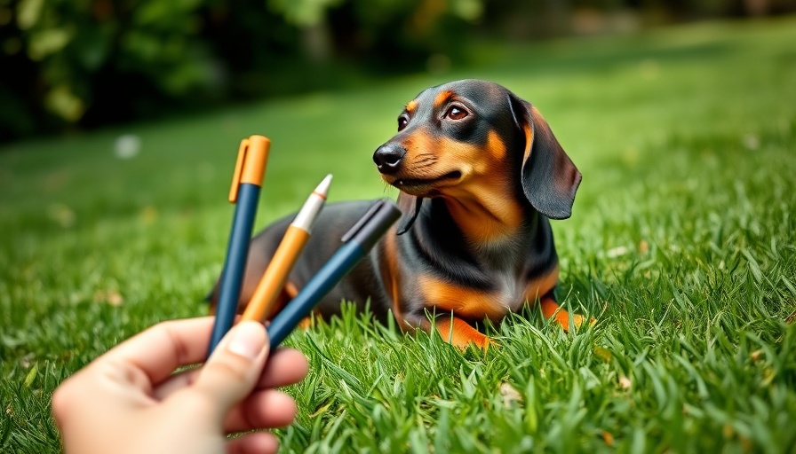Overweight dachshund beside Ozempic pens for dog weight loss.