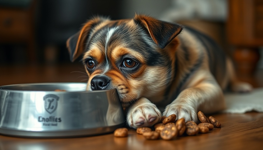 Sad dog resting next to a bowl of kibble for sensitive stomachs