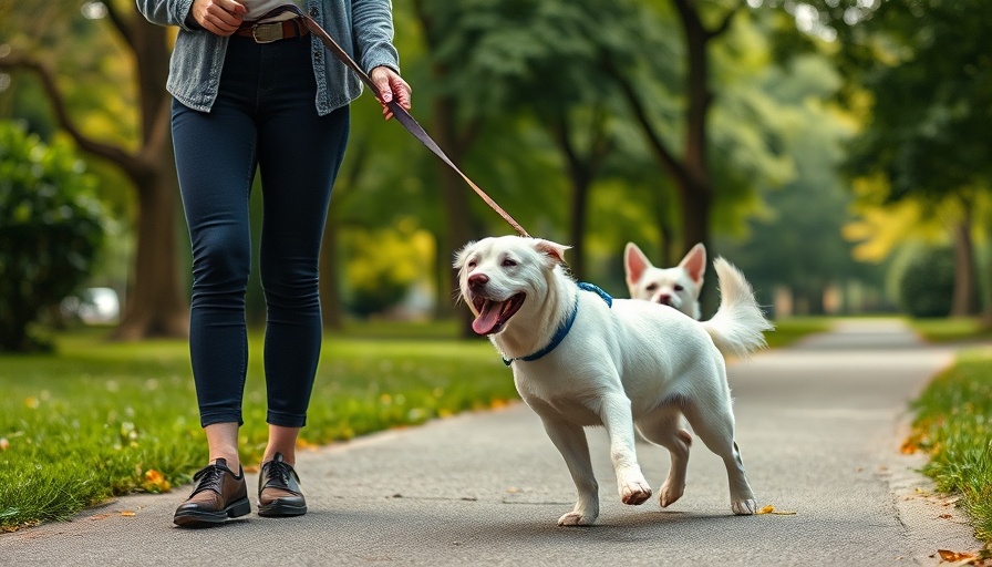 Dog showing hyperarousal behavior in park with owner holding leash.