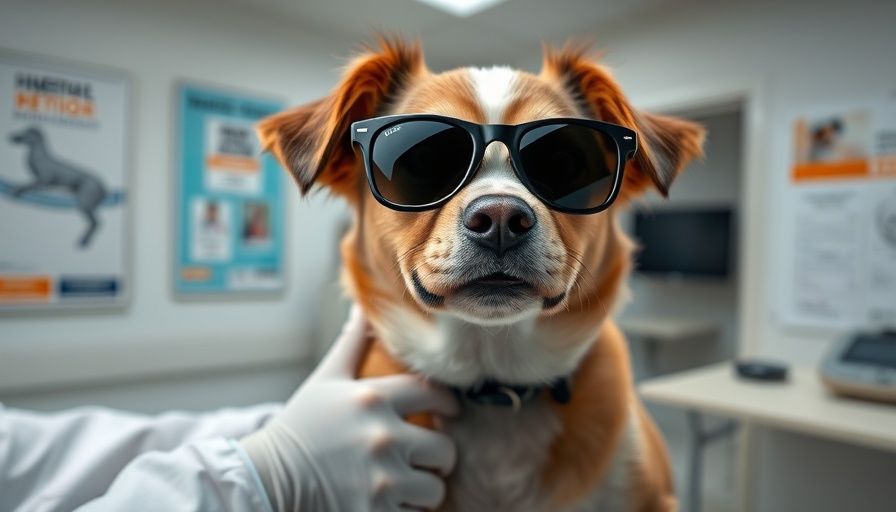 Dog in sunglasses receiving care at vet, stress at the vet.