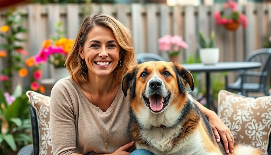 Smiling woman with dog on patio for hiring a dog trainer.