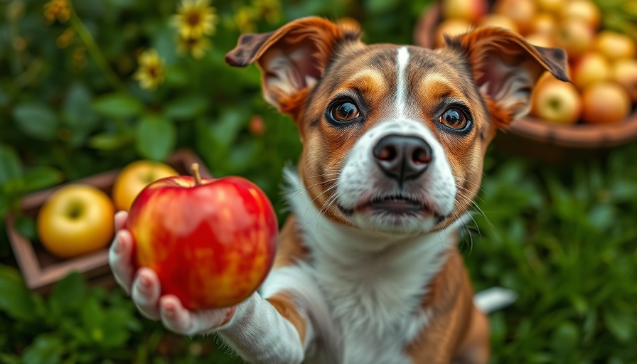 Dog holding apple in garden, related to cancer-fighting superfoods for dogs.