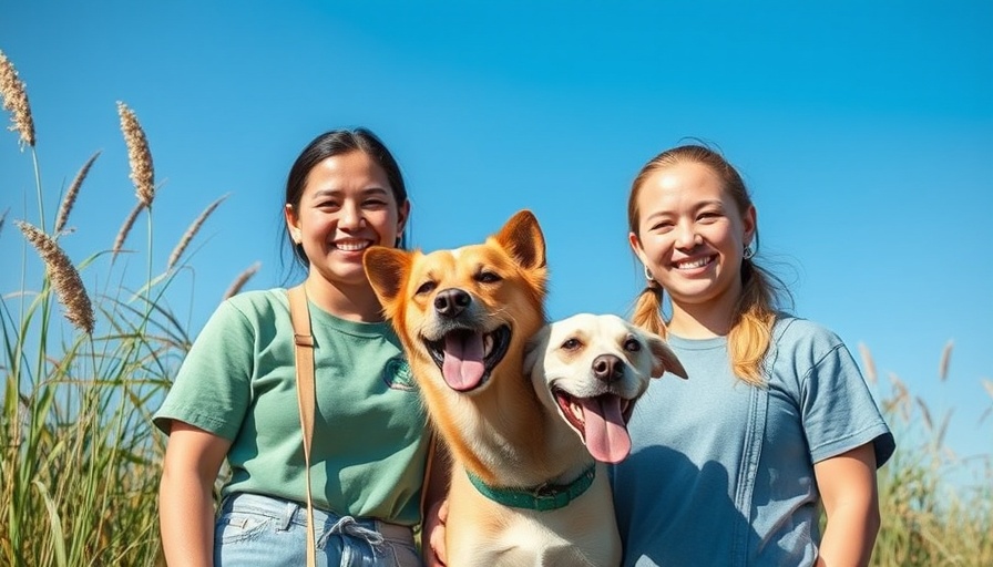 Smiling volunteers with dog support shelter dogs in sunny field.