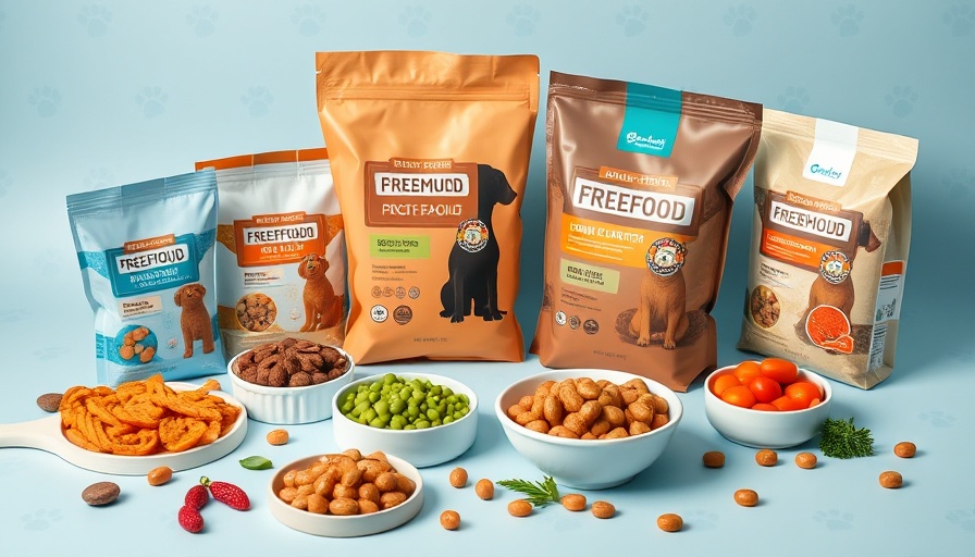 Dog food packages and meals highlighting how a dog's diet impacts their heart and emotions.