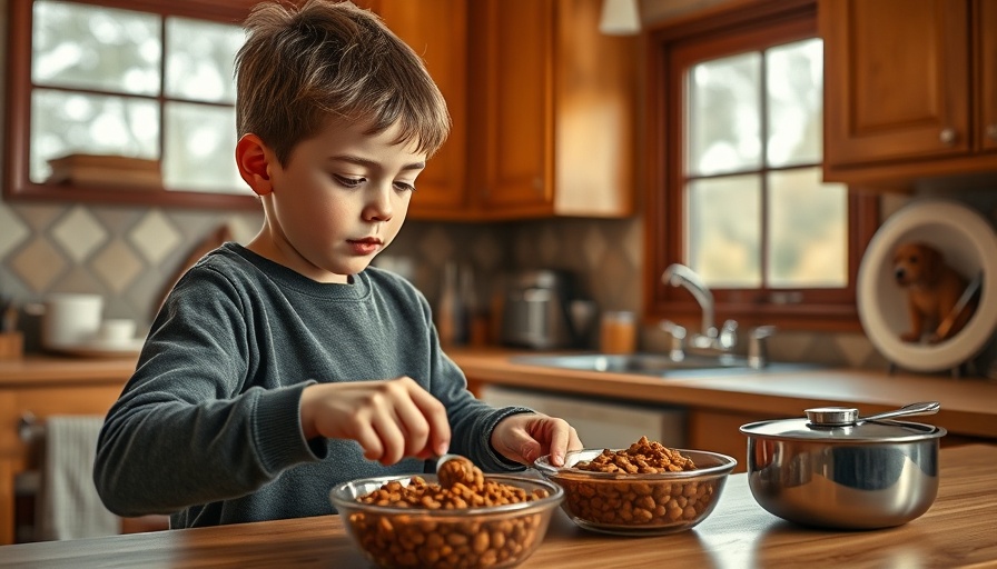 Child preparing cooked dog food in kitchen with preparation steps.