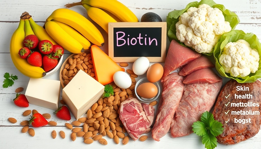 Benefits of biotin for dogs with healthy foods like bananas and almonds on wooden table.
