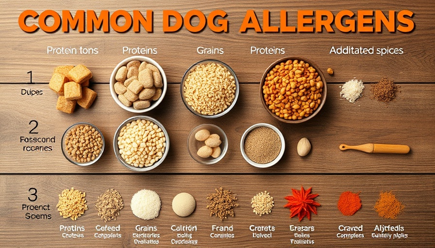 Infographic on common dog food allergens: proteins, grains, additives.