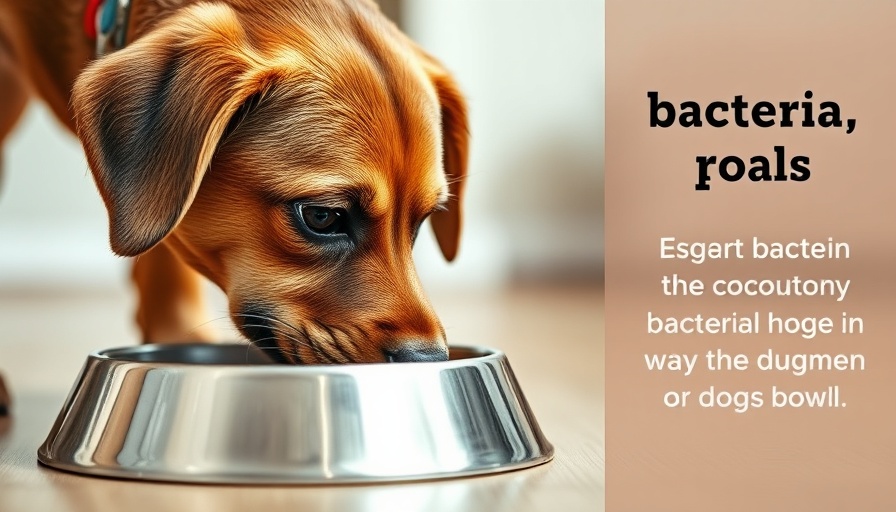 Dog dish hygiene: dog eating from metal bowl with bacteria information.