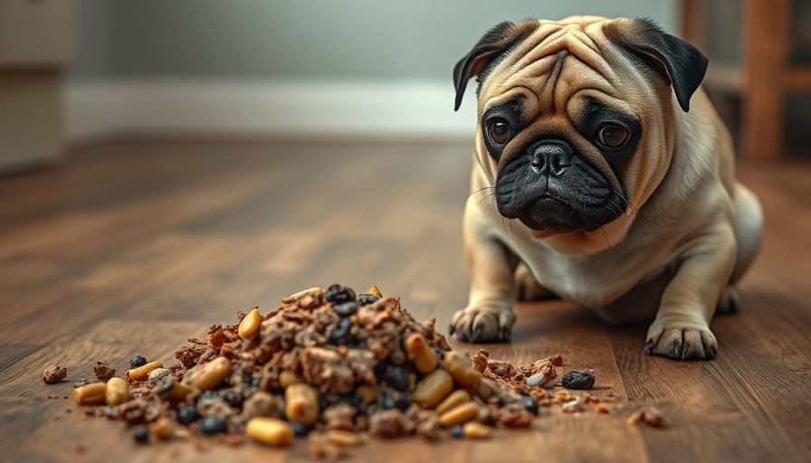 Pug concernedly looking at undigested food vomit on wooden floor indoors.