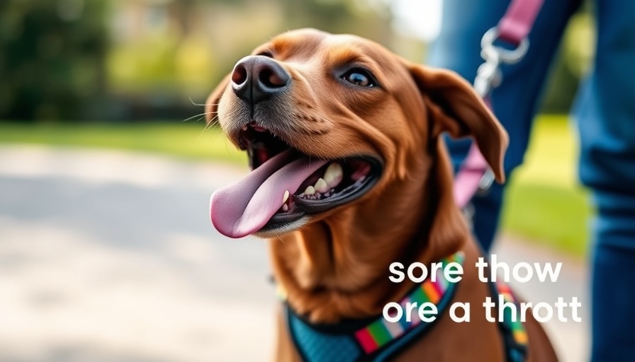Happy brown dog with harness listing causes of sore throats.