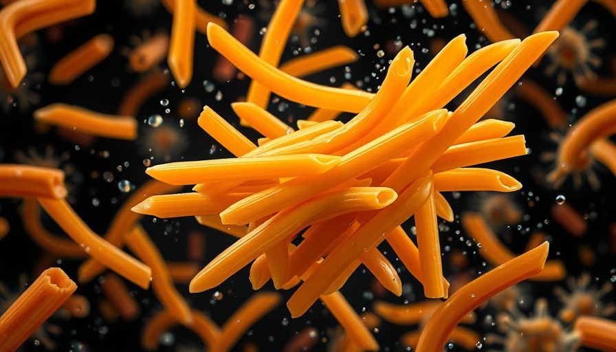 Pasta products recalled due to listeria concerns, penne with bacteria illustration.