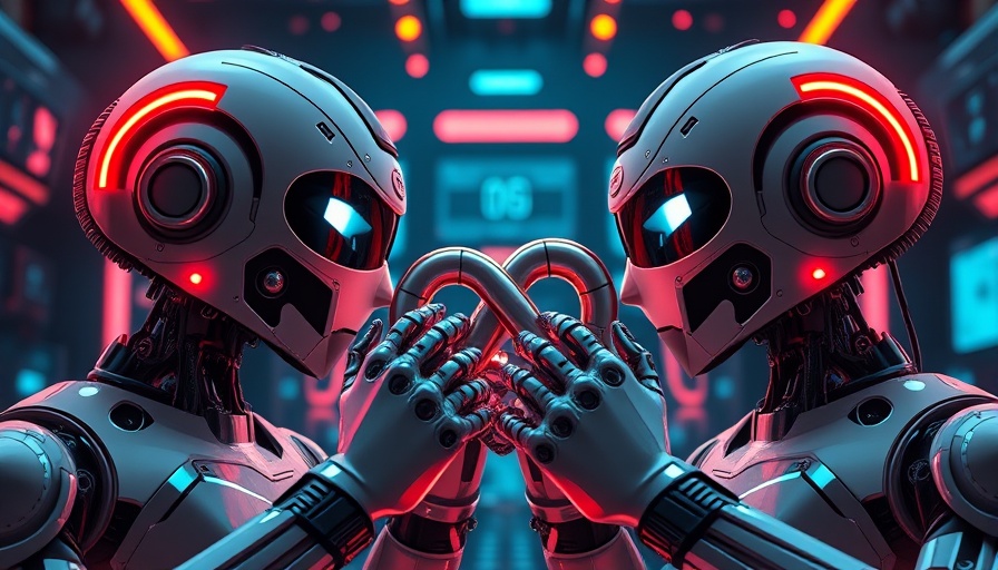 Futuristic robots with infinity loop symbol in digital setting.