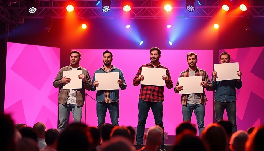 Dhar Mann marketing opportunities event with men on stage holding signs.