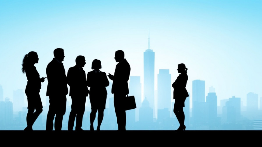 Agile Leadership spotlight: business silhouettes over cityscape.
