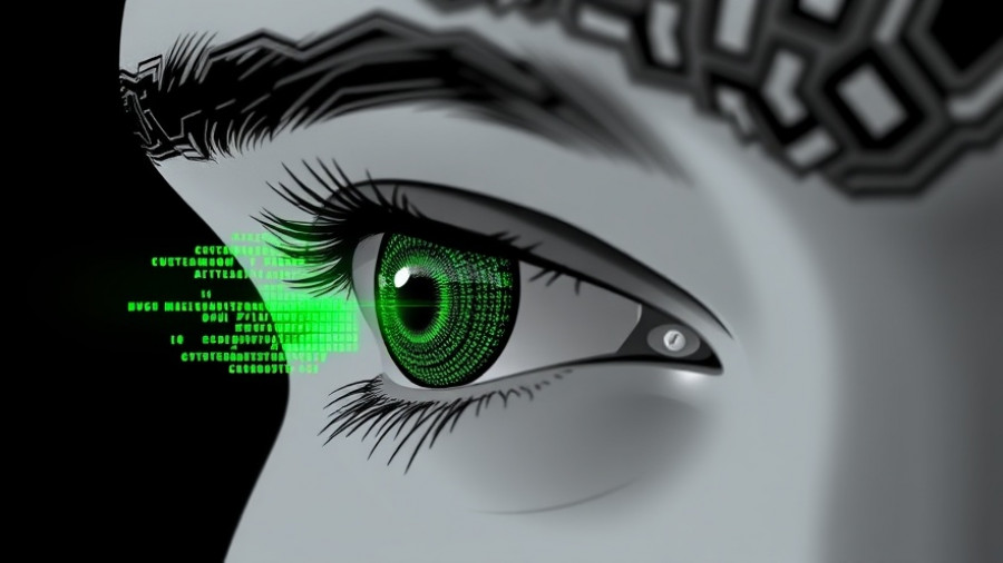 Futuristic eye showing PRIMA Device for Vision Restoration with digital overlay.