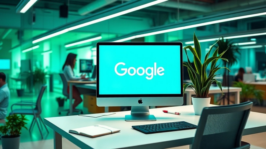 Google office workspace with computer and building display, vibrant cyan and green hues.