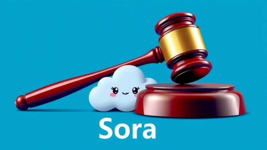 Abstract legal image with gavel and Sora text, bright blue.