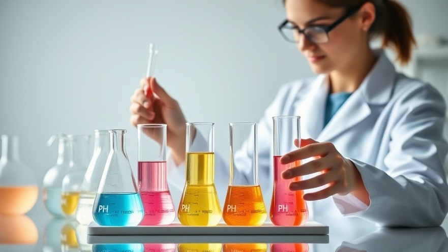 Scientist measuring pH levels in a serene laboratory with colorful solutions.