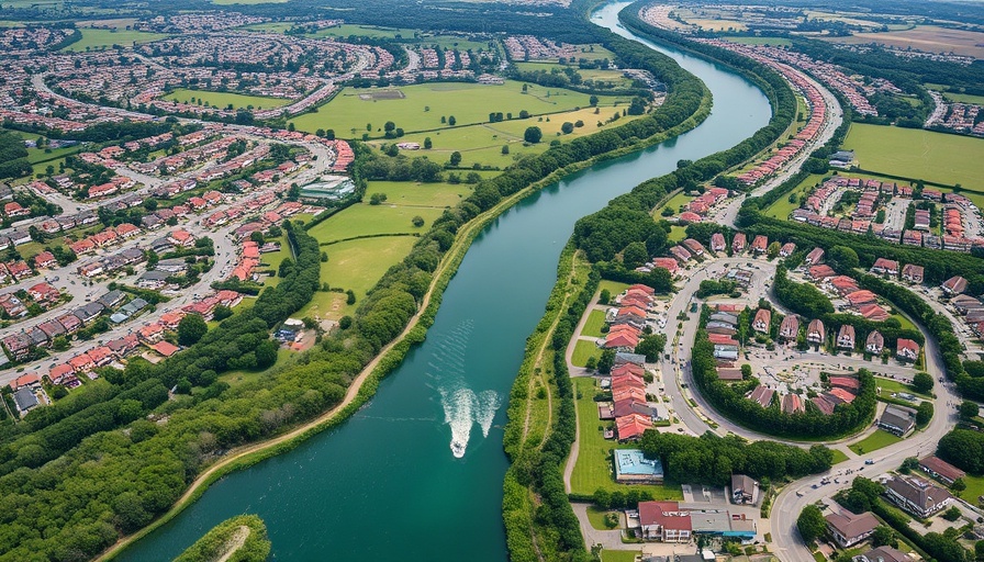Aerial view of countryside housing and waterway.
