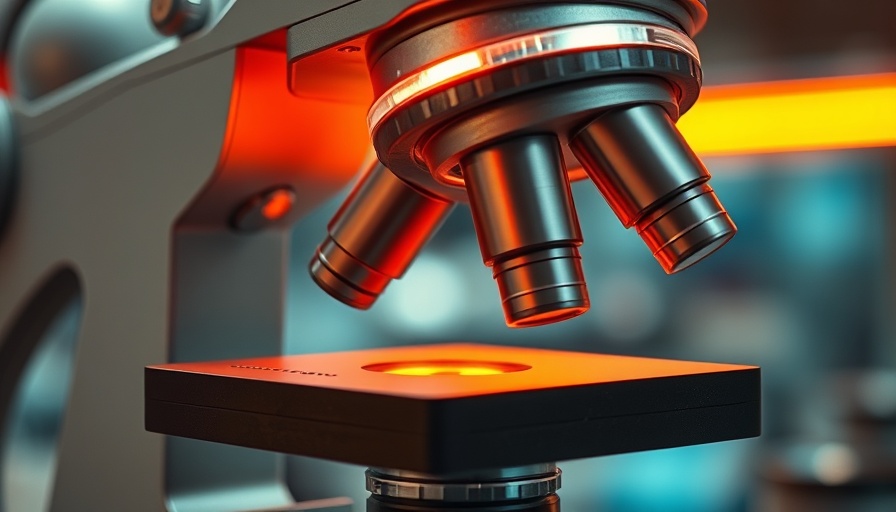 Microscope glowing with orange light in a lab setting, holistic health.
