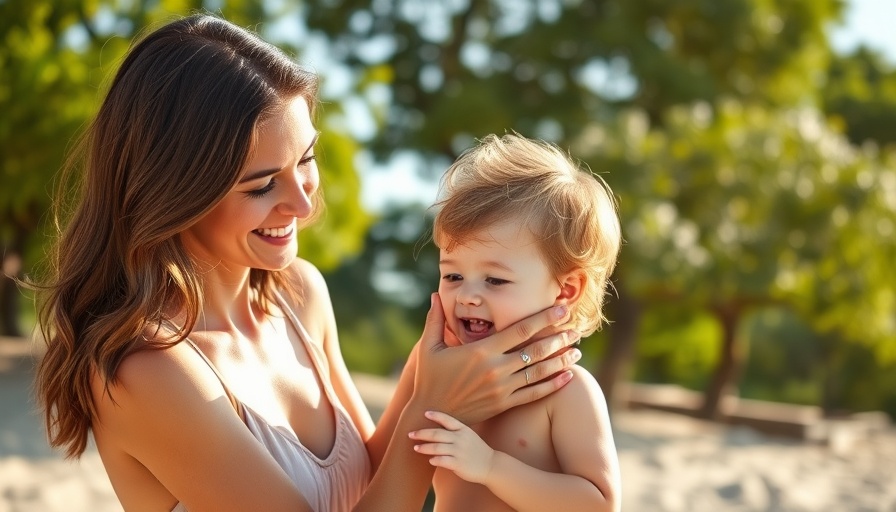 Holistic medicine: mother applying natural lotion to child's arm at the beach.