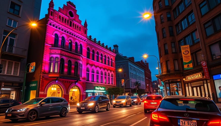 Vibrant urban scene with historic building and light trails