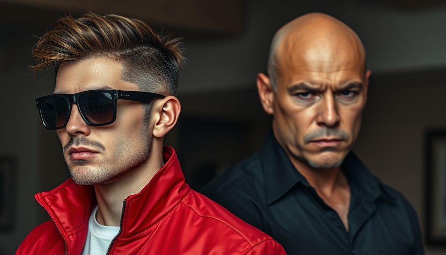 Two men with contrasting styles and serious expressions indoors.