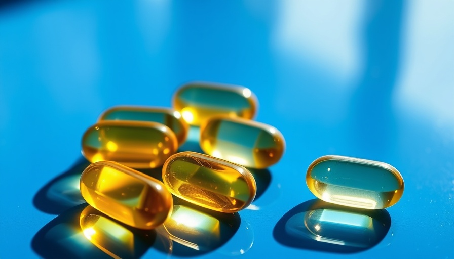 Glossy omega-3 supplement capsules on blue surface