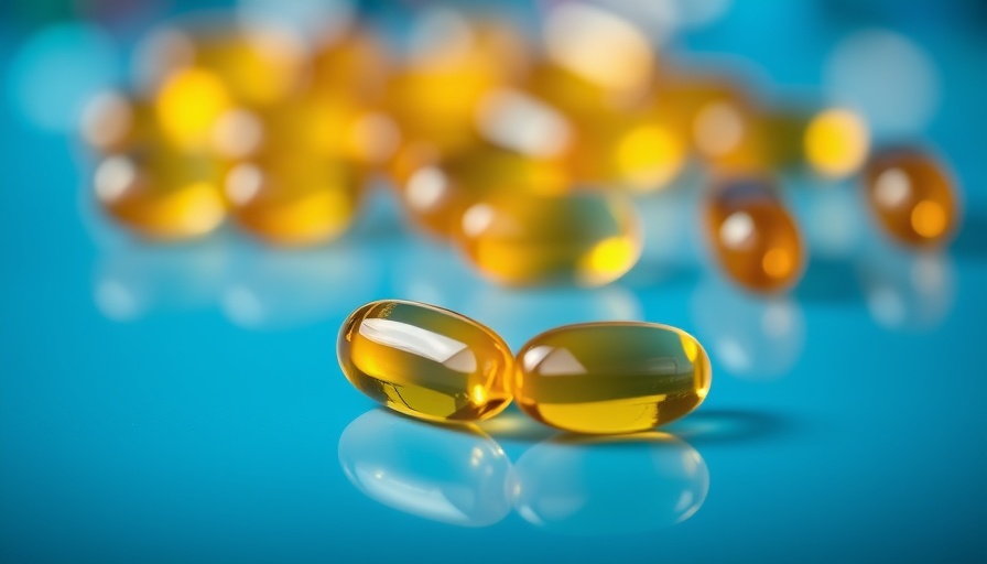 Golden Omega-3 supplements capsules close-up with blue background.