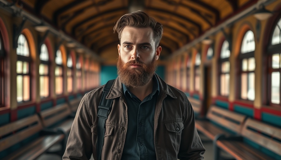 Man reflecting in vintage train station, subtle lighting.