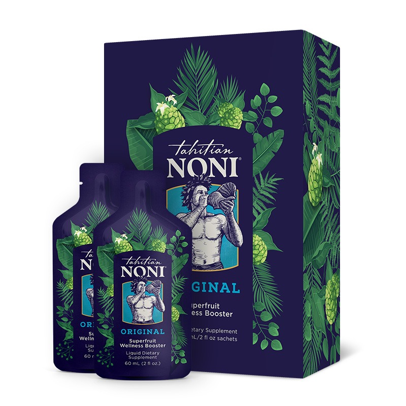 Noni products comparison with bottle and silhouette on leafy backdrop.