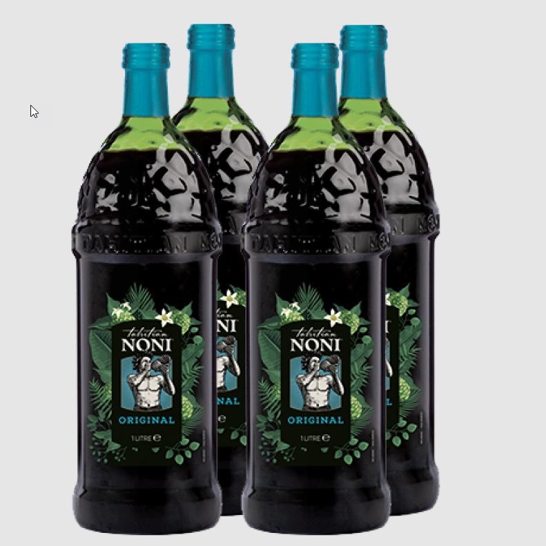 Tahitian Noni MAX bottle with cherries in sunlight.