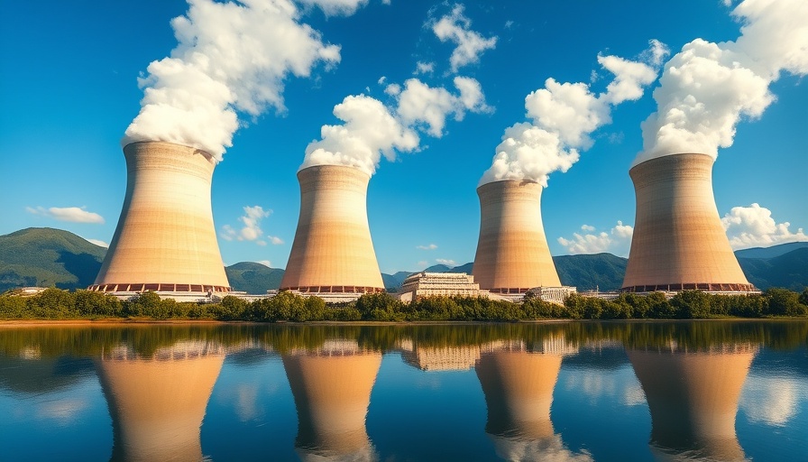 Nuclear power plant with cooling towers by a lake, nuclear energy stocks.