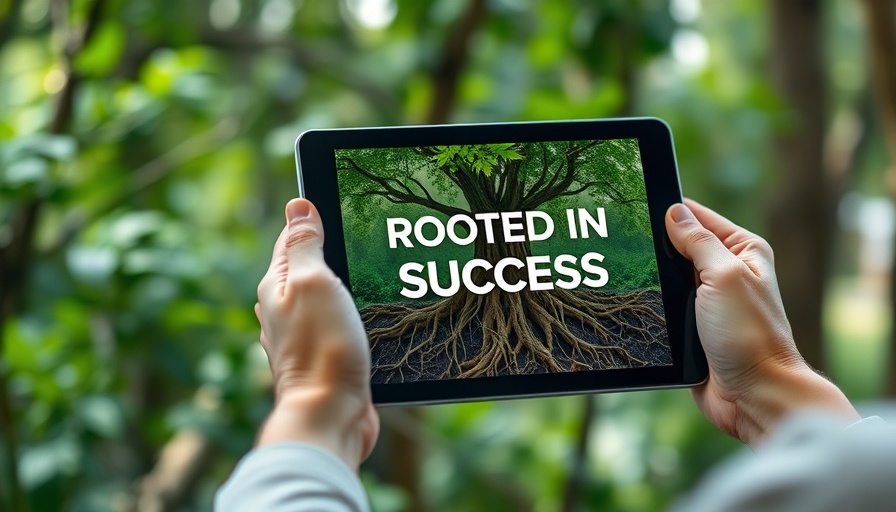 Tablet showing 'Rooted in Success' ad, award-winning leaders theme.