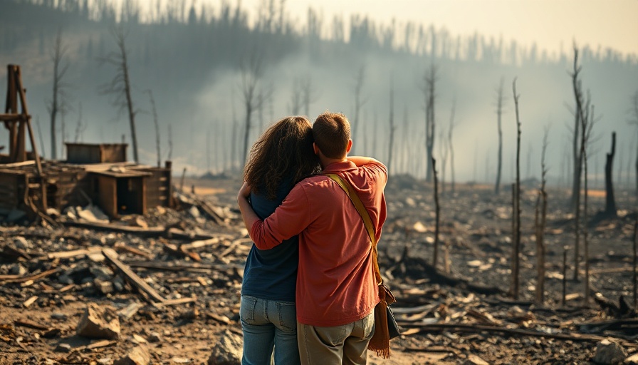 Wildfire victims embrace amidst destruction, surveying the damage.