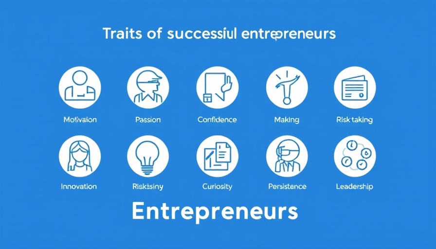 Icons displaying traits of successful entrepreneurs on a blue background.