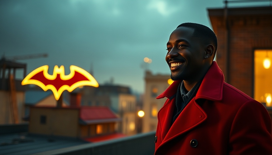 State Farm March Madness campaign: man in red coat near Bat-Signal.