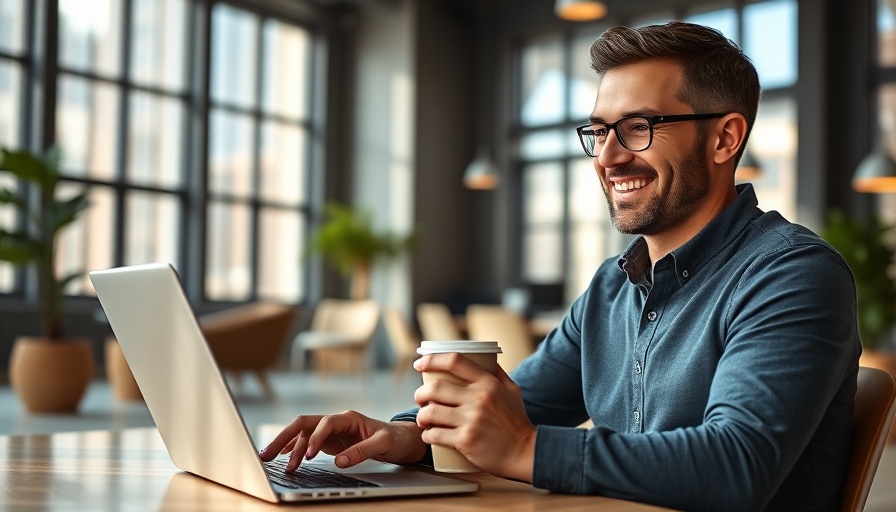 Man smiling while using laptop in modern office, LinkedIn post psychology.