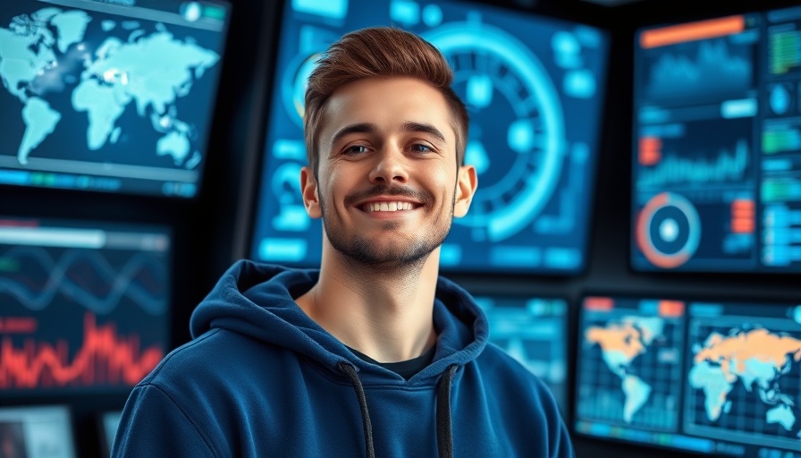Confident young man in digital control room, DDoS attacks 2025 theme.