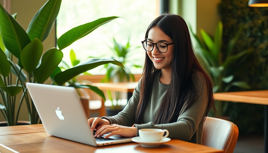 Young woman using laptop in a cafe, learning 'How to Create Superfans on LinkedIn'