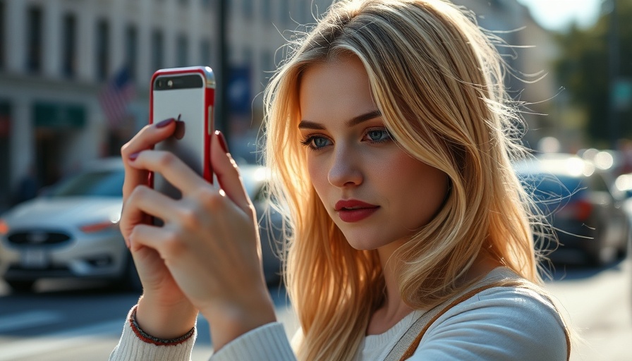 Blonde woman using silver iPhone capturing photo outdoors.
