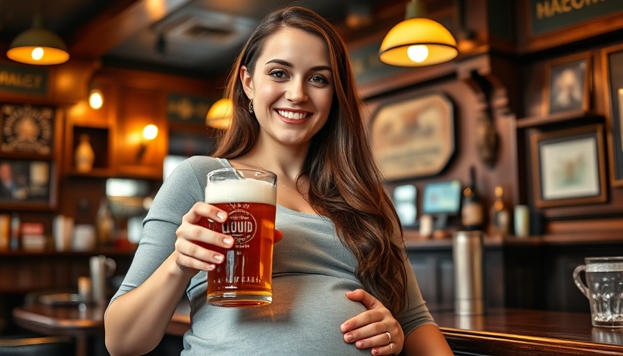 Liquid Death advertisement featuring a pregnant woman in a pub setting.