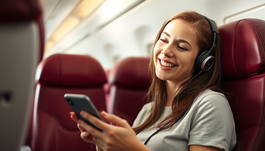 Young woman enjoys smartphone with headphones, in-flight privacy.