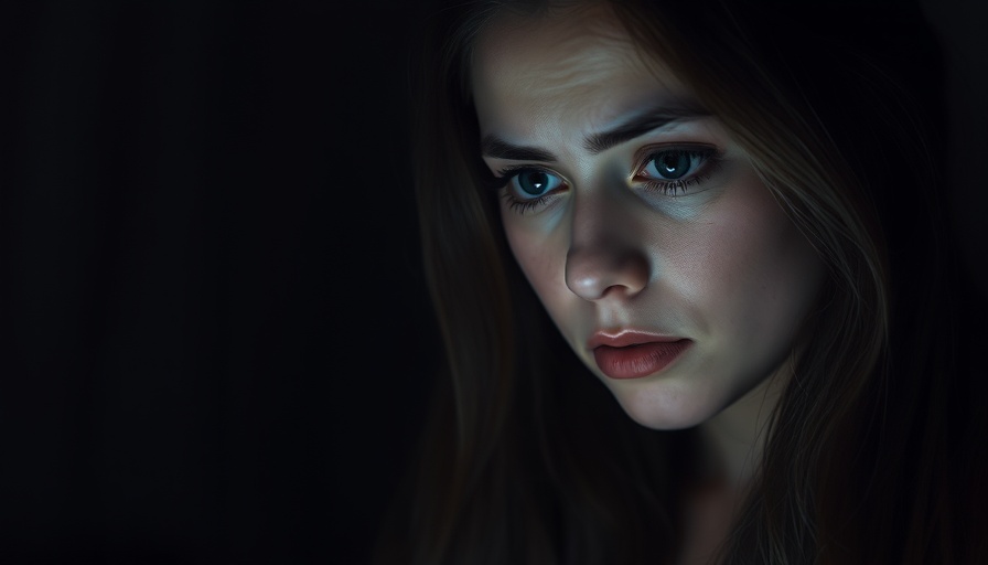 Young woman facing online misogyny, concerned expression, dark setting.