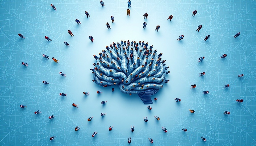Abstract aerial view of people forming a digital brain shape, symbolizing AI workforce integration.