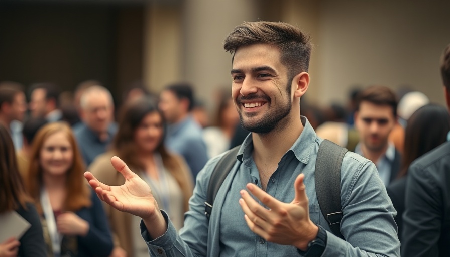 Casually dressed man reacts with a shrug in a crowded setting.