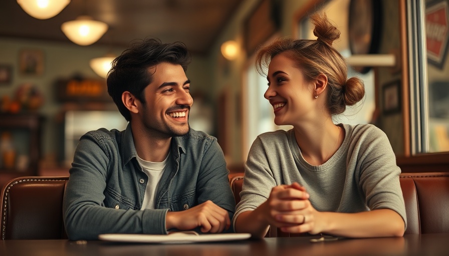 Young couple in a diner, smiling and chatting, dating app marketing strategies.